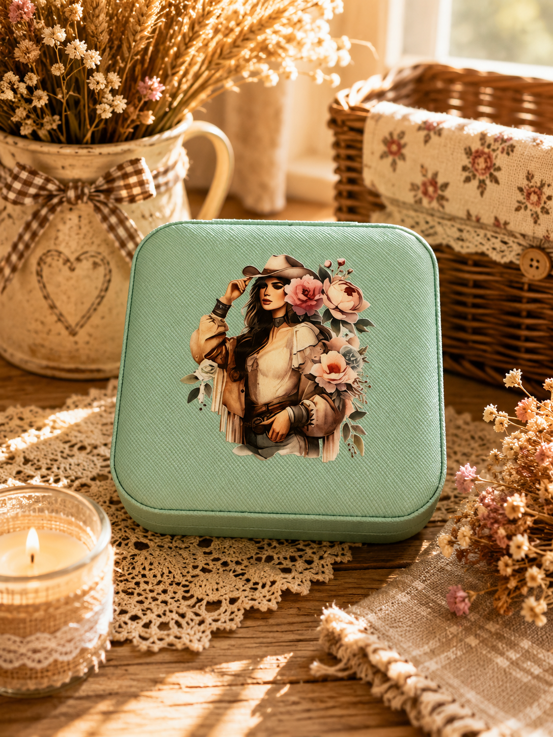 Coffret à bijoux country western turquoise avec illustration cowgirl