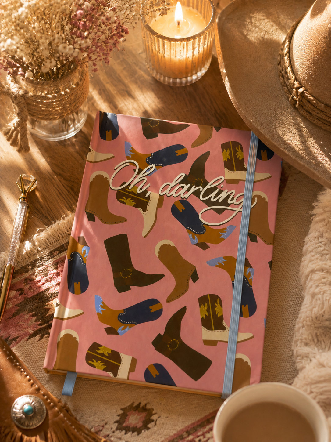 Journal Oh Darling country western rose avec bottes de cowboy