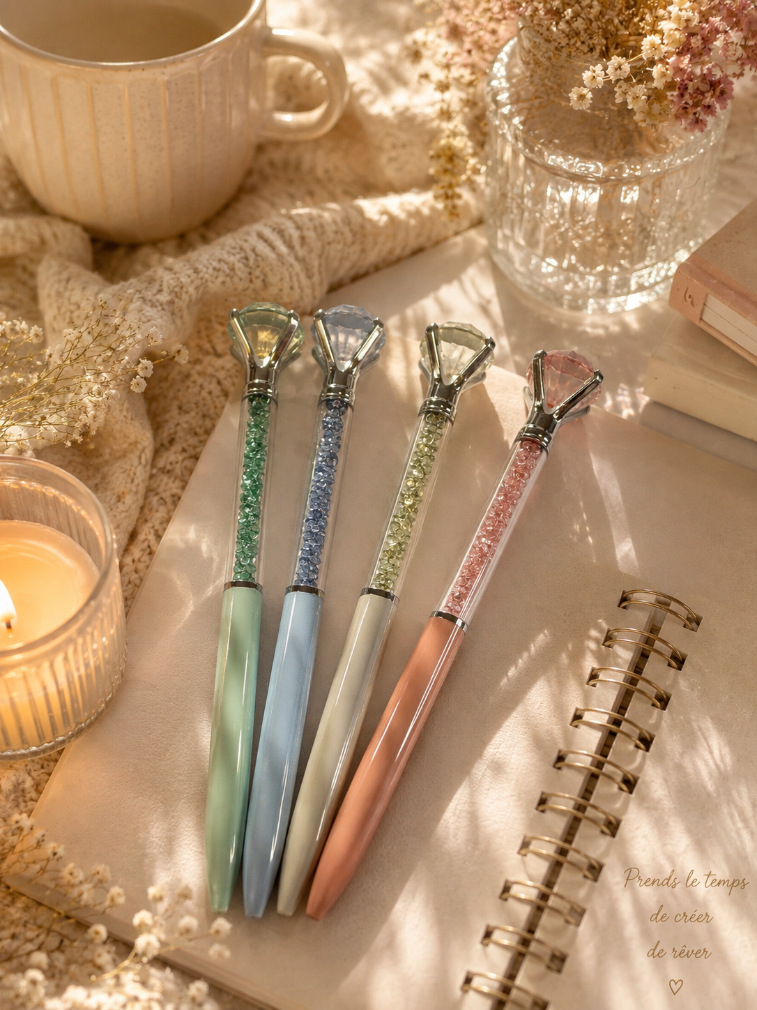 Stylo diamant paillettes en 4 couleurs : vert, bleu, blanc et rose