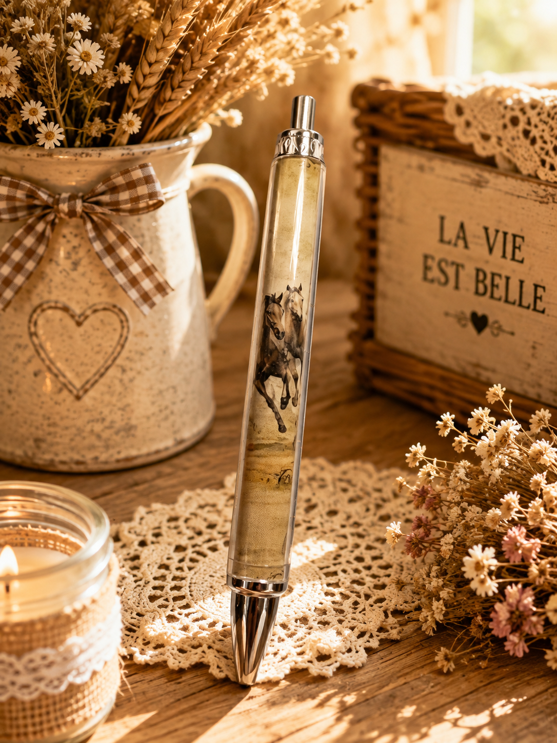 Stylo décoratif avec chevaux au galop et embouts argentés
