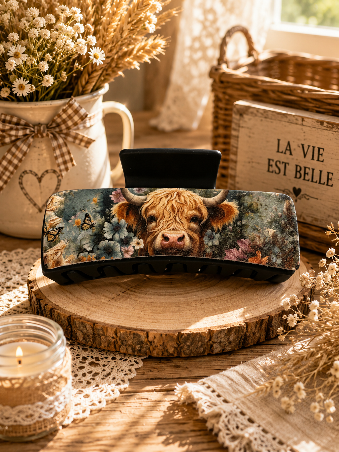 Pince à cheveux country western avec highland cow et fleurs