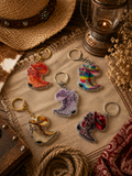 Porte-clés acryliques western bottes et chapeaux cowboy