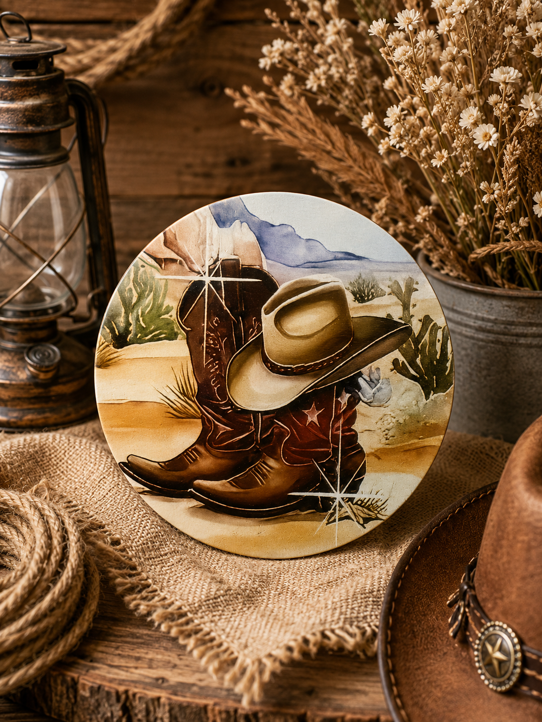 Sous-verre bottes et chapeau de cowboy western