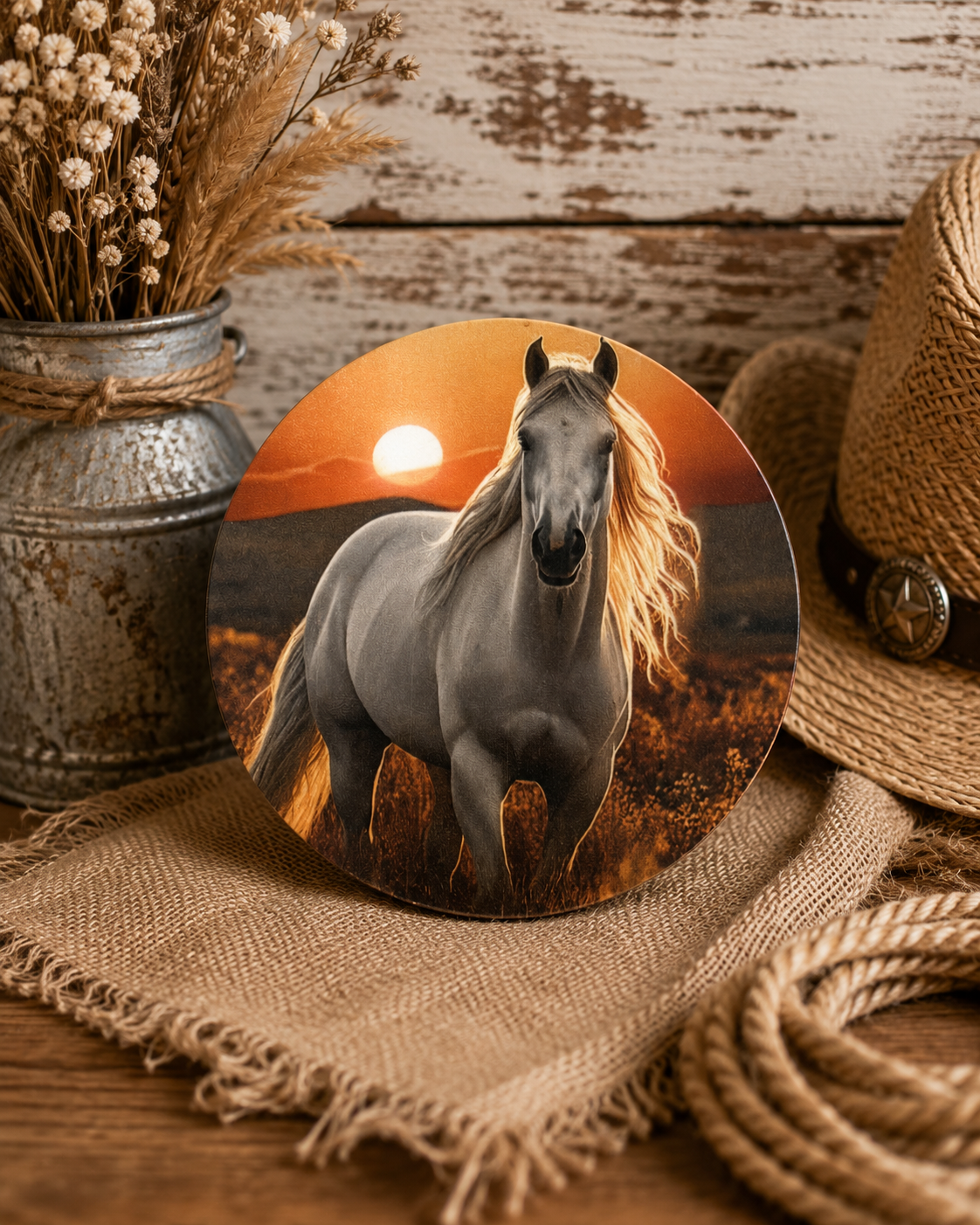 Sous-verre cheval blanc au coucher de soleil