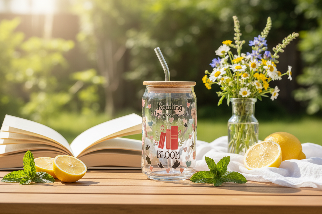 Verre canette Reading Bloom avec paille en verre - décor estival cocooning