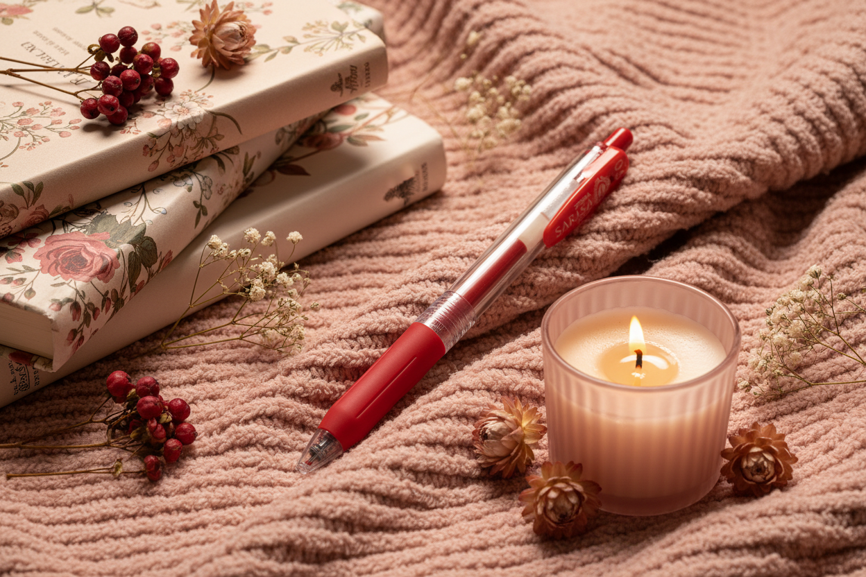 Stylo Zebra Sarasa rouge dans une ambiance cocooning aux teintes rose pâle et blush avec livres fleuris baies rouges bougie et fleurs séchées