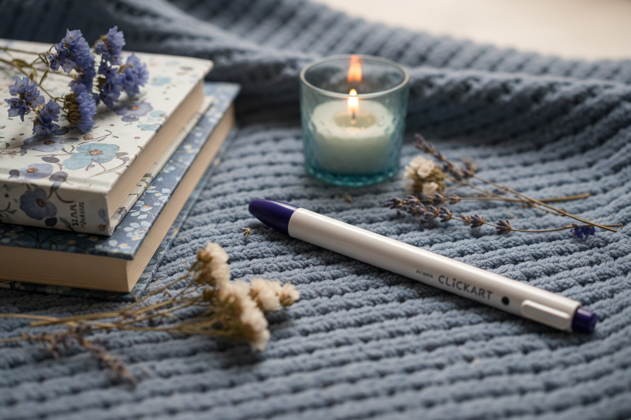 Marqueur Zebra ClickArt bleu marine dans une ambiance cocooning aux teintes bleu pâle et blanc avec livres fleuris fleurs séchées bleues lavande et bougie