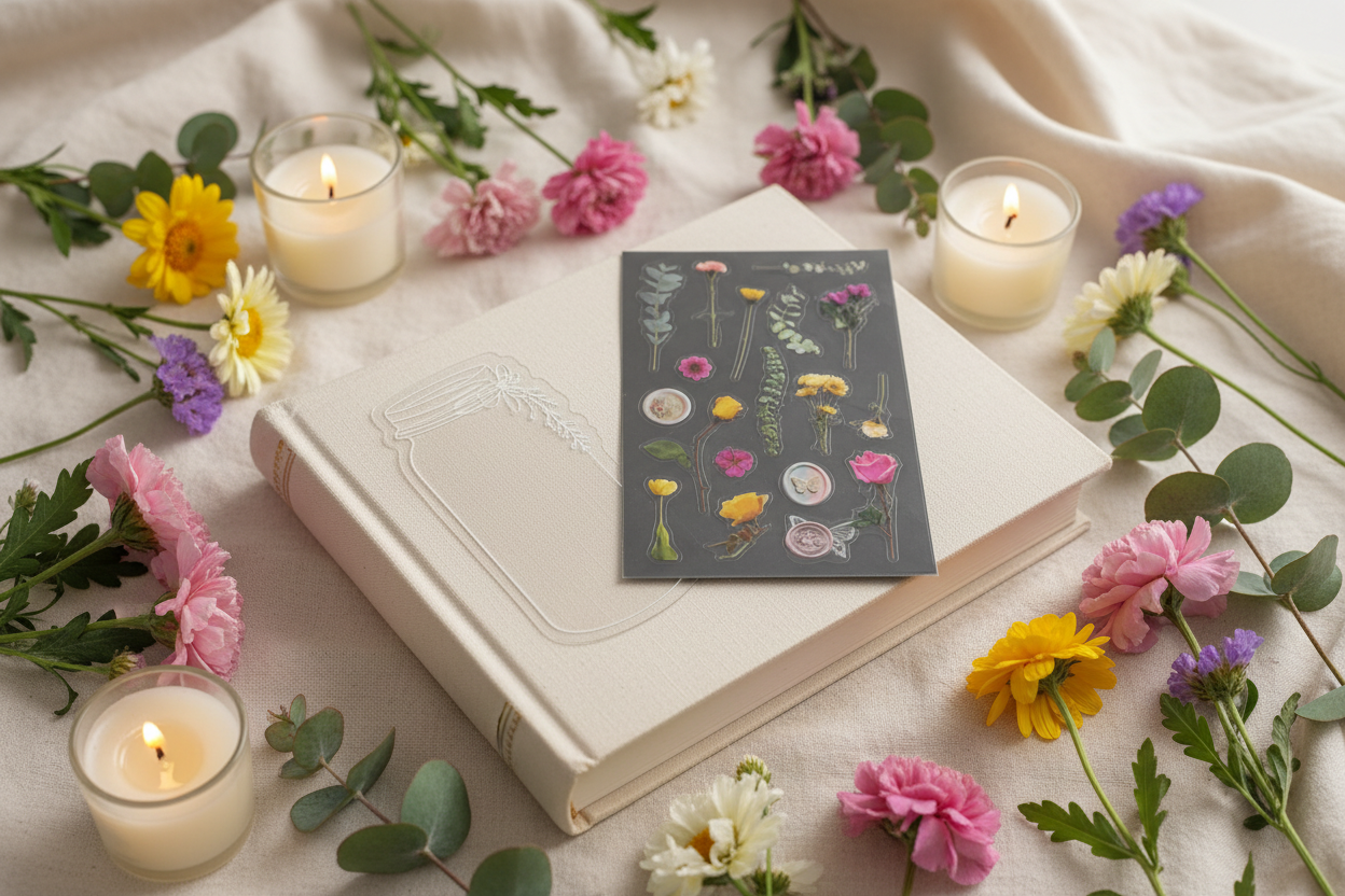Signet bocal transparent et feuille d'autocollants floraux transparente sur livre fermé dans un décor cocooning
