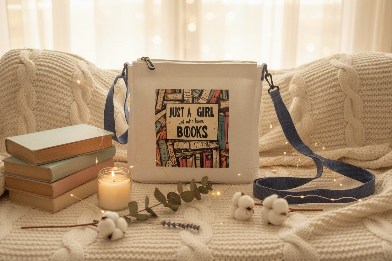 Sac bandoulière Just a Girl Who Loves Books dans une ambiance cocooning