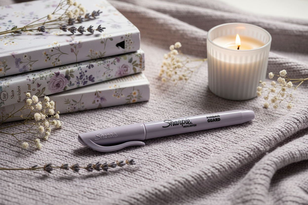 Surligneur Sharpie Smear Guard gris lavande dans une ambiance cocooning aux teintes lavande gris pâle et blanc avec livres fleuris lavande fleurs séchées et bougie