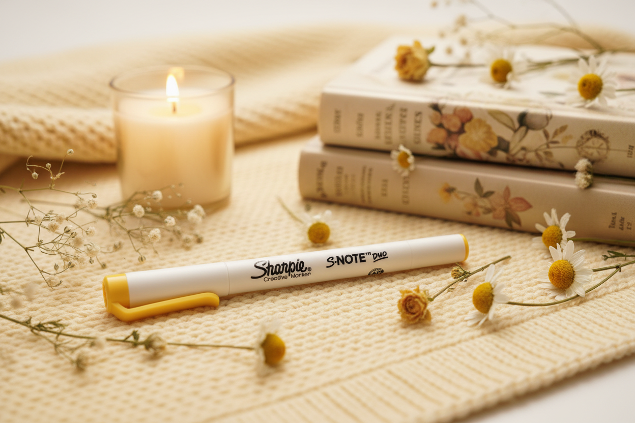 Marqueur Sharpie S-Note Duo jaune dans une ambiance cocooning aux teintes jaune pâle et crème avec livres fleuris fleurs de camomille bougie dorée et fleurs séchées