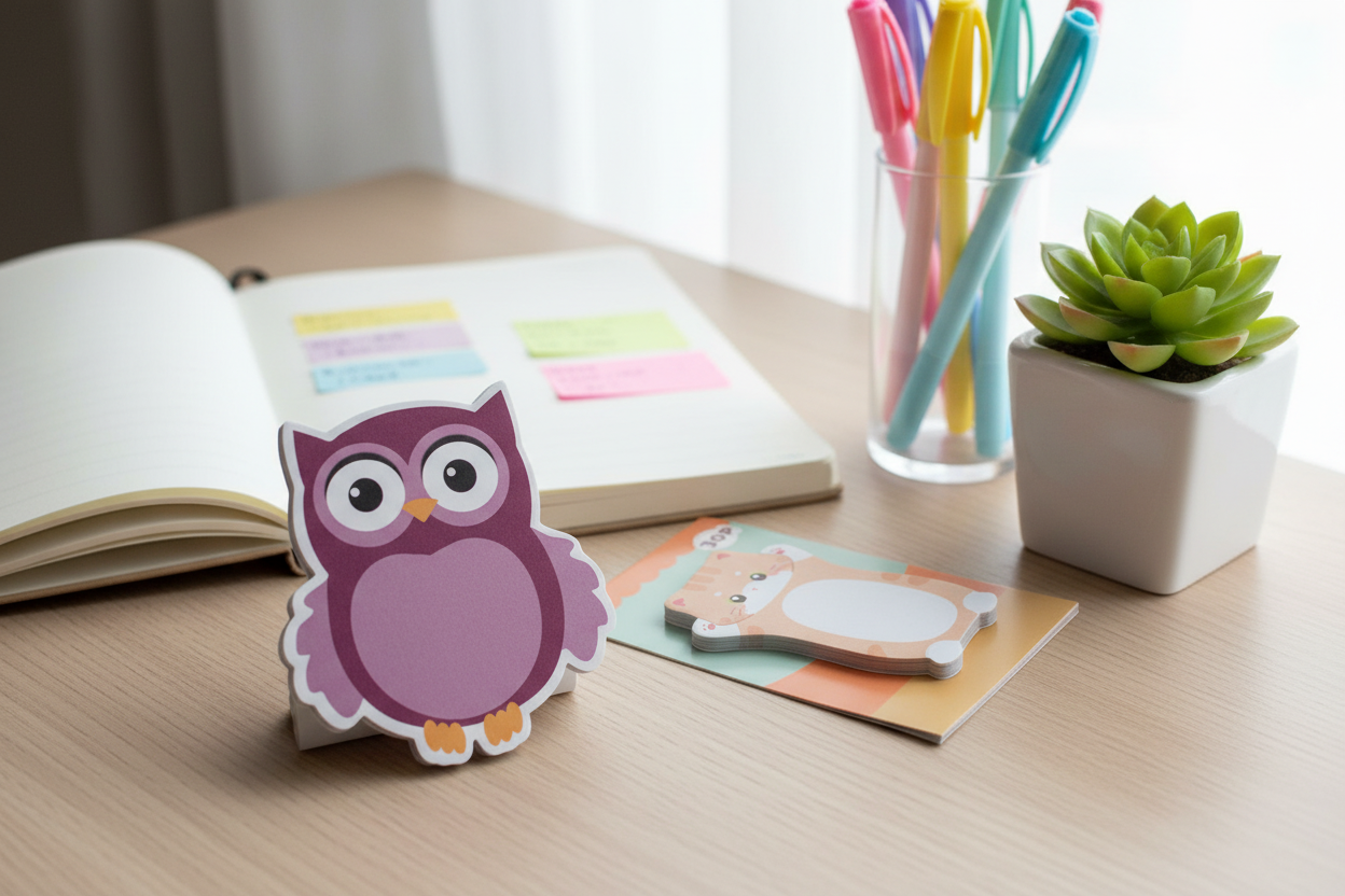 Post-it animaux hibou violet et chat roux - ambiance papeterie kawaii