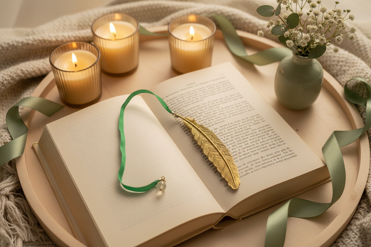 Signet plume dorée avec ruban vert dans un décor cocooning naturel