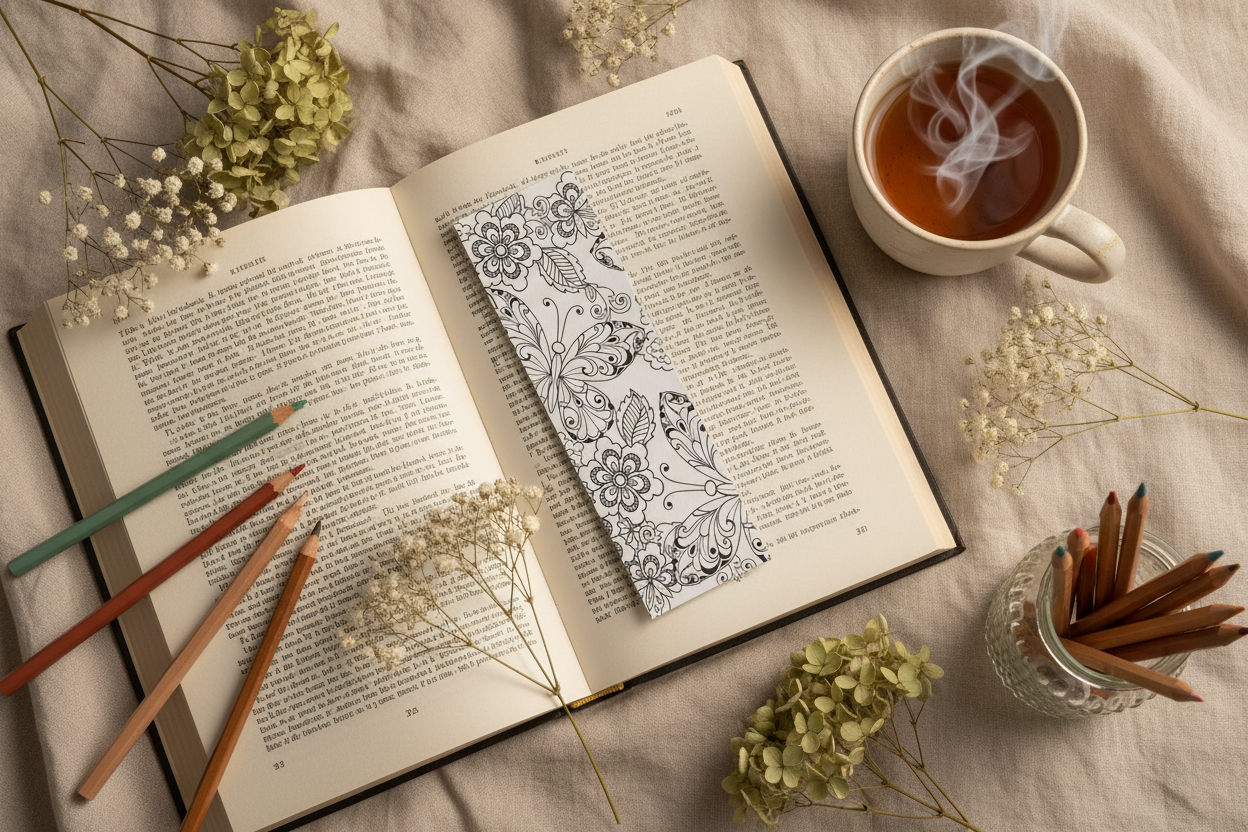 Signet à colorier papillons et fleurs dans un décor élégant avec crayons de couleur et livre ouvert