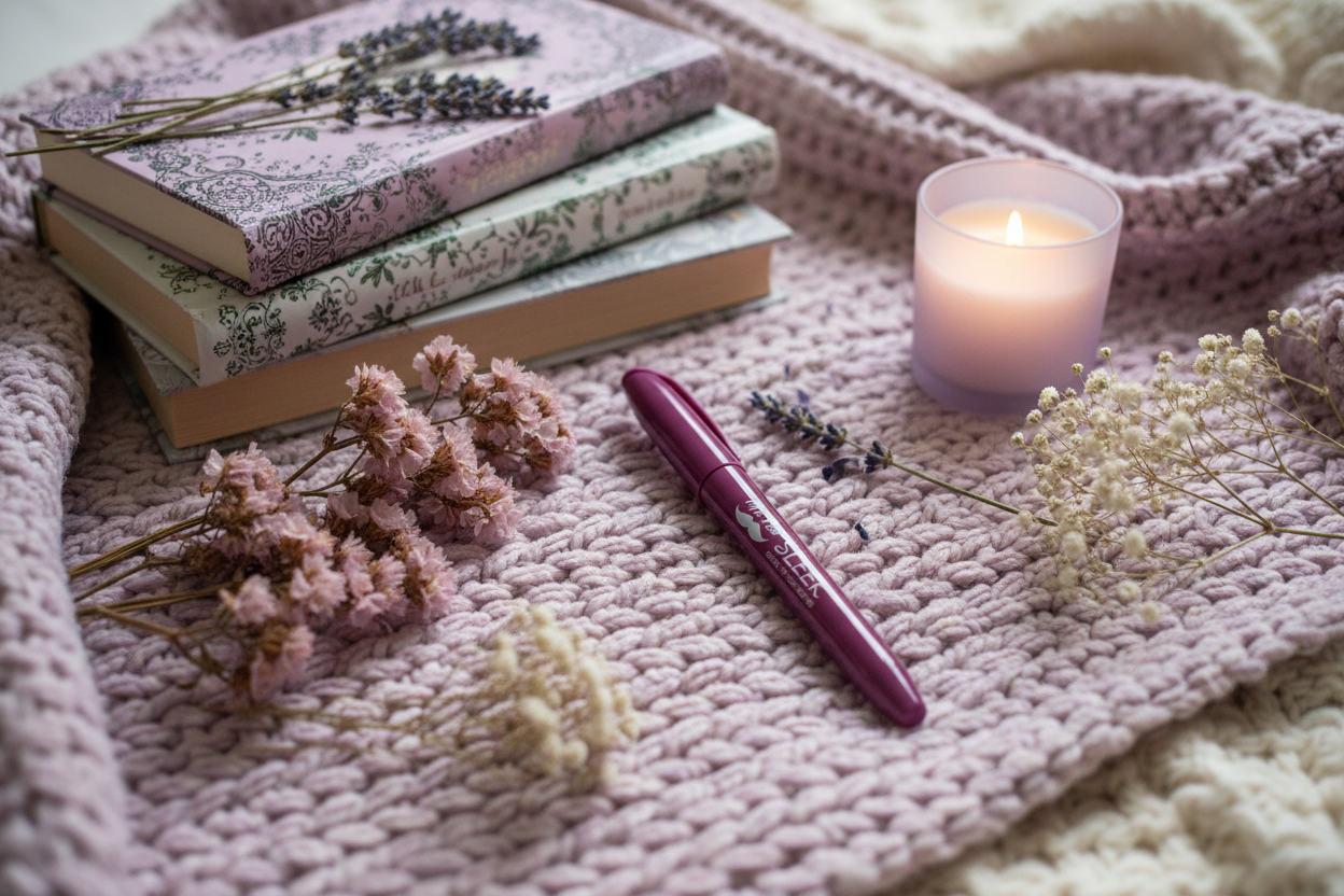 Surligneur Mr. Pen Sleek prune bordeaux dans une ambiance cocooning aux teintes violet poudré et mauve avec livres fleuris fleurs séchées violettes et bougie
