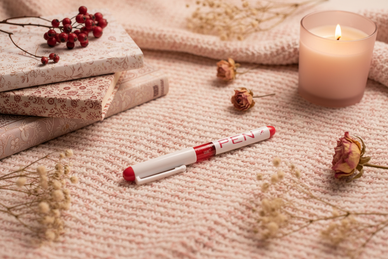 Stylo Snowhite blanc et rouge dans une ambiance cocooning aux teintes rouge pâle et blanc avec livres fleuris baies rouges fleurs séchées et bougie