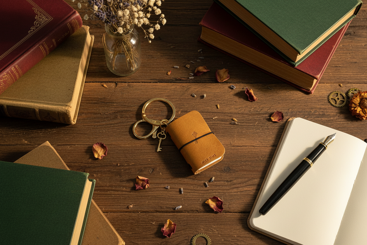 Porte-clé mini livre en cuir doré ambiance vintage élégante