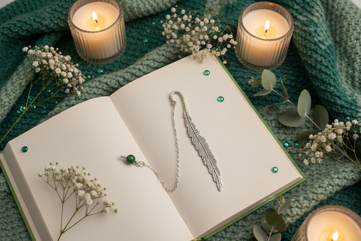 Signet plume argenté avec bille verte dans un décor cocooning naturel