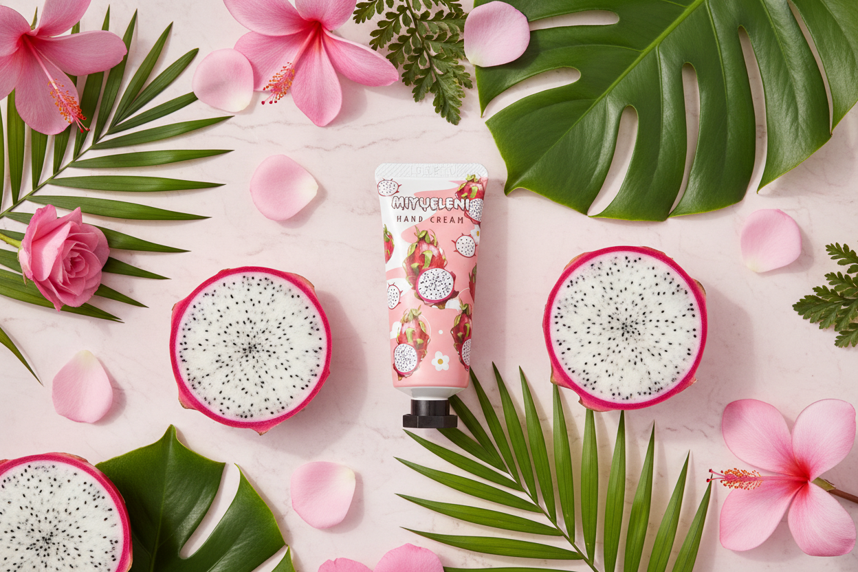 Crème à main fruit du dragon - mise en scène tropicale