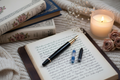 Plume à calligraphie noire avec recharges bleue et noire dans une ambiance cocooning crème avec livres fleuris journal ouvert fleurs séchées et bougie