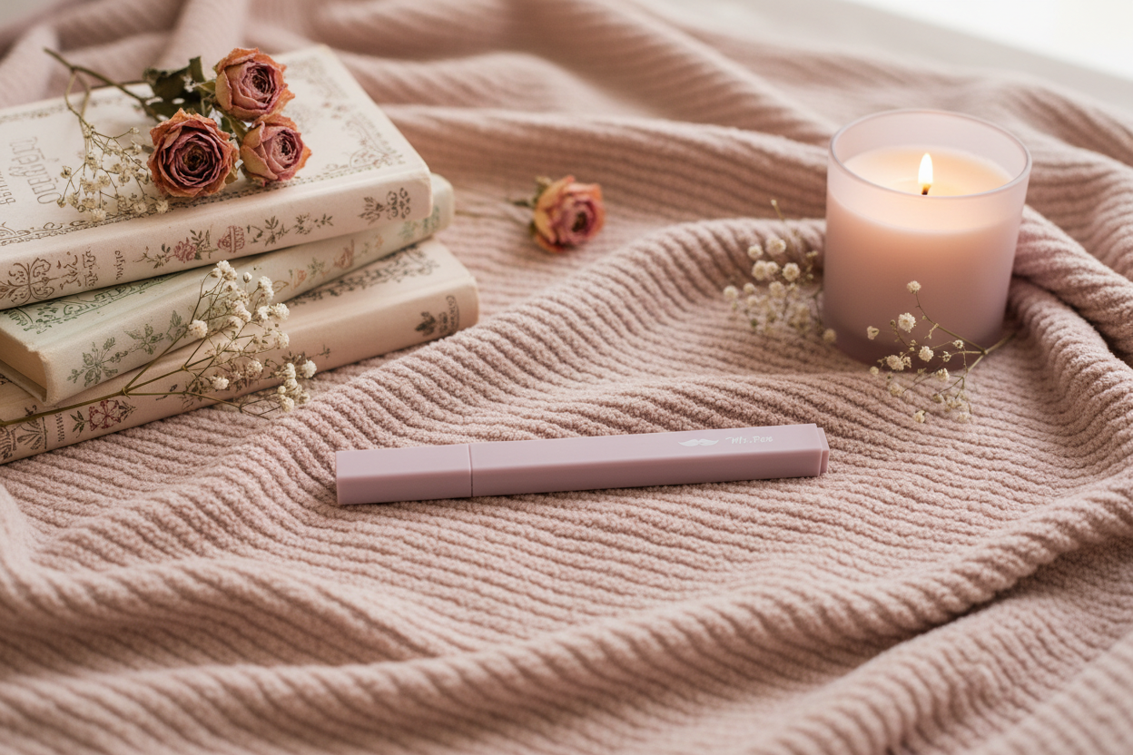 Surligneur Mr. Pen rose taupé dans une ambiance cocooning aux teintes rose poudré et mauve avec livres fleuris fleurs séchées roses et blanches et bougie