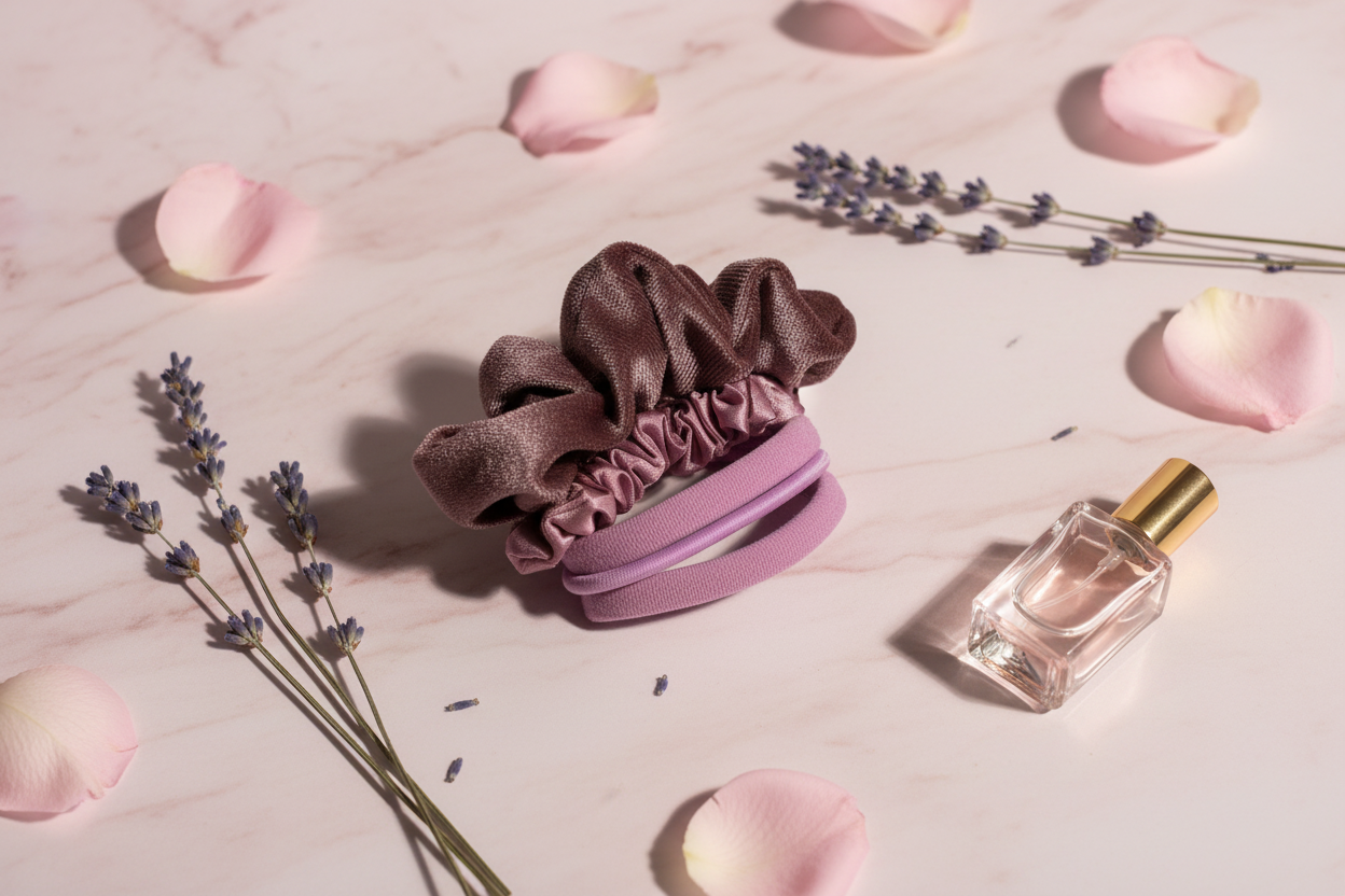 Ensemble chouchou satiné mauve et élastiques lilas - ambiance féminine