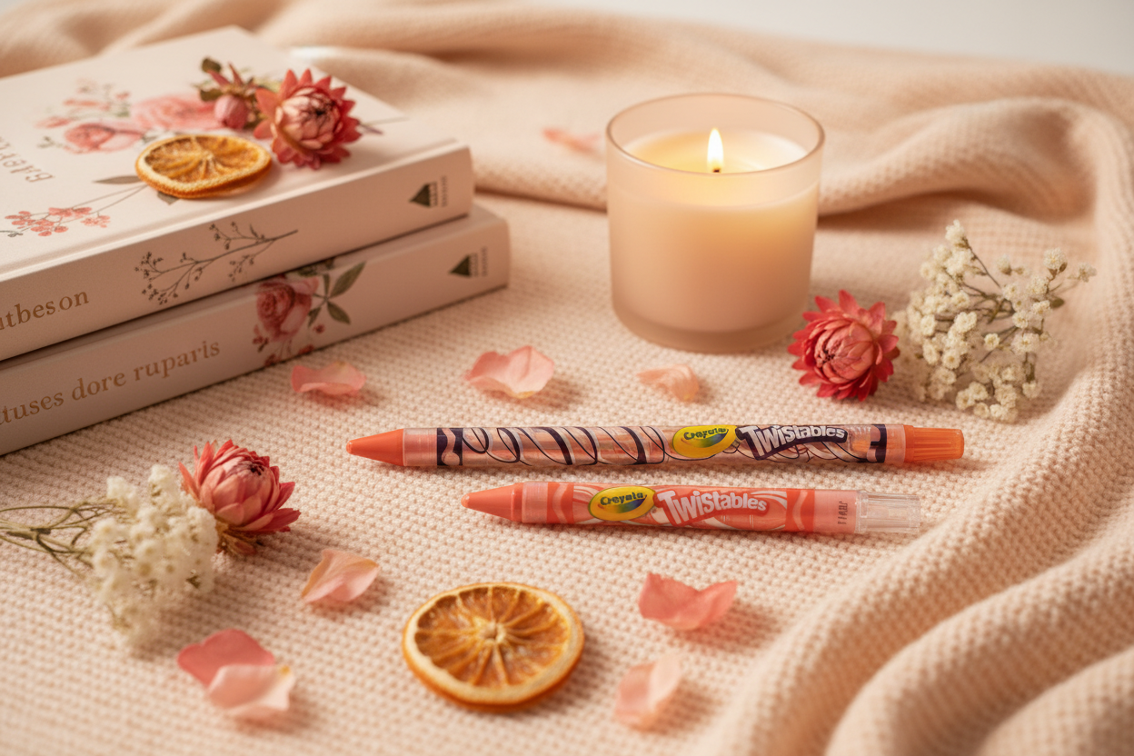 Crayons Crayola Twistables grand et petit format orange et rose saumon dans une ambiance cocooning aux teintes pêche pâle et corail avec livres fleuris fleurs séchées et bougie