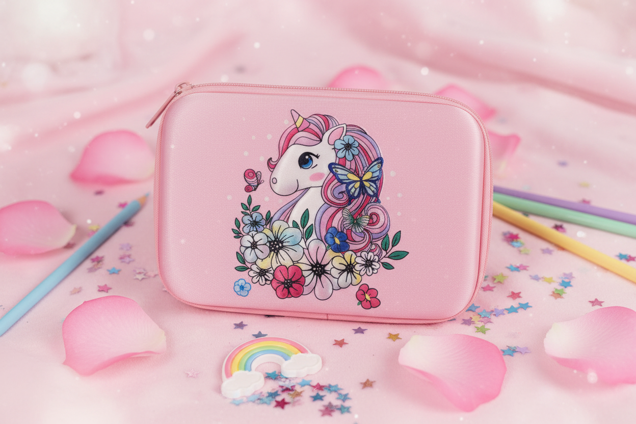 Étui licorne rose scintillant - mise en scène magique